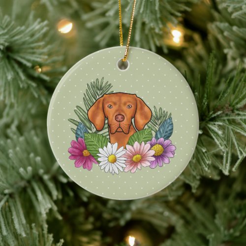 Hungarian Vizsla And Colorful Summer Flowers Green Ceramic Ornament