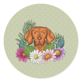 Hungarian Vizsla And Colorful Summer Flowers Green Classic Round Sticker