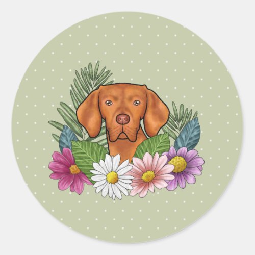 Hungarian Vizsla And Colorful Summer Flowers Green Classic Round Sticker