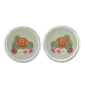 Hungarian Vizsla And Colorful Summer Flowers Green Cufflinks