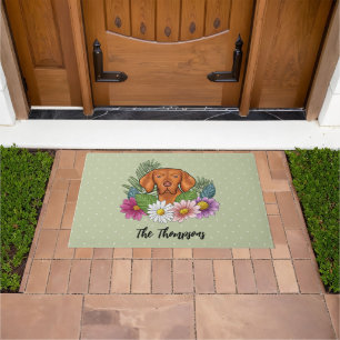 Hungarian Vizsla And Colorful Summer Flowers Green Doormat