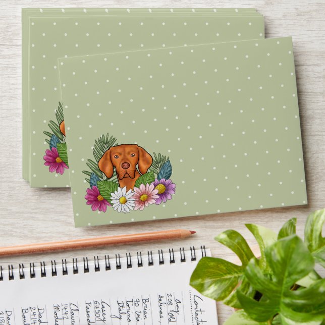 Hungarian Vizsla And Colorful Summer Flowers Green Envelope (Stacked)