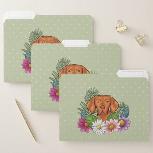 Hungarian Vizsla And Colorful Summer Flowers Green File Folder