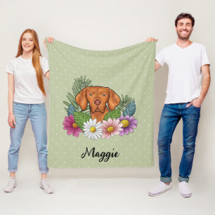 Hungarian Vizsla And Colorful Summer Flowers Green Fleece Blanket