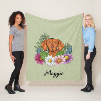 Hungarian Vizsla And Colorful Summer Flowers Green Fleece Blanket