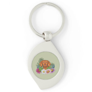 Hungarian Vizsla And Colorful Summer Flowers Green Keychain