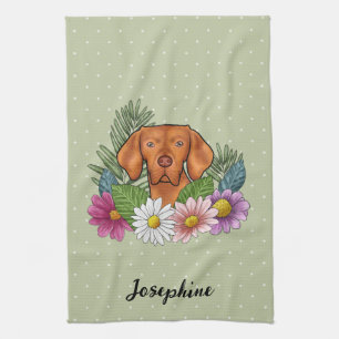 Hungarian Vizsla And Colorful Summer Flowers Green Kitchen Towel