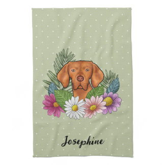 Hungarian Vizsla And Colorful Summer Flowers Green Kitchen Towel