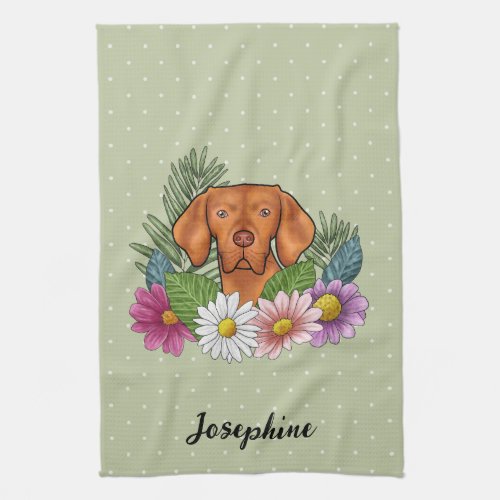 Hungarian Vizsla And Colorful Summer Flowers Green Kitchen Towel