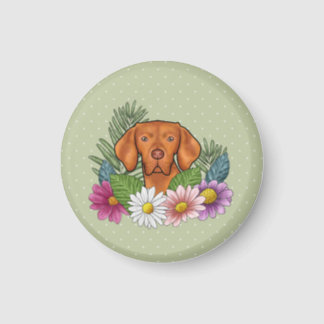 Hungarian Vizsla And Colorful Summer Flowers Green Magnet