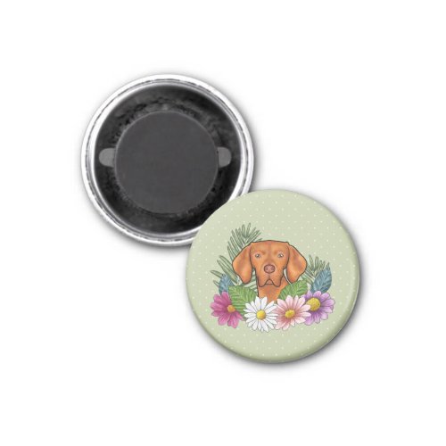 Hungarian Vizsla And Colorful Summer Flowers Green Magnet