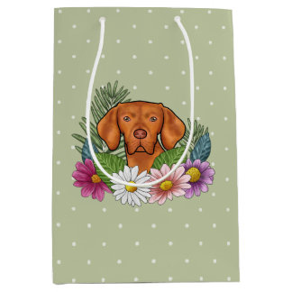 Hungarian Vizsla And Colorful Summer Flowers Green Medium Gift Bag