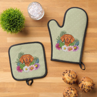 Hungarian Vizsla And Colorful Summer Flowers Green Oven Mitt &amp; Pot Holder Set