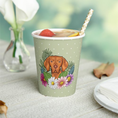 Hungarian Vizsla And Colorful Summer Flowers Green Paper Cups