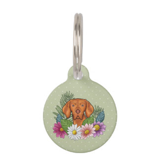 Hungarian Vizsla And Colorful Summer Flowers Green Pet ID Tag