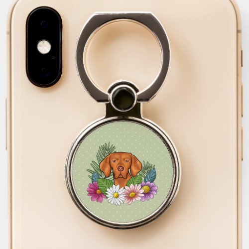 Hungarian Vizsla And Colorful Summer Flowers Green Phone Ring Stand