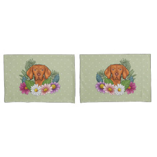 Hungarian Vizsla And Colorful Summer Flowers Green Pillow Case