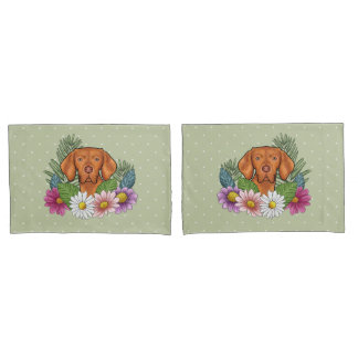 Hungarian Vizsla And Colorful Summer Flowers Green Pillow Case