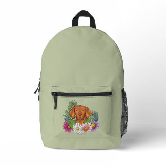 Hungarian Vizsla And Colorful Summer Flowers Green Printed Backpack