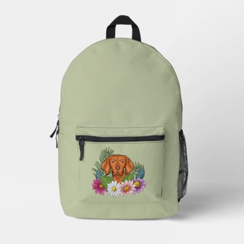 Hungarian Vizsla And Colorful Summer Flowers Green Printed Backpack