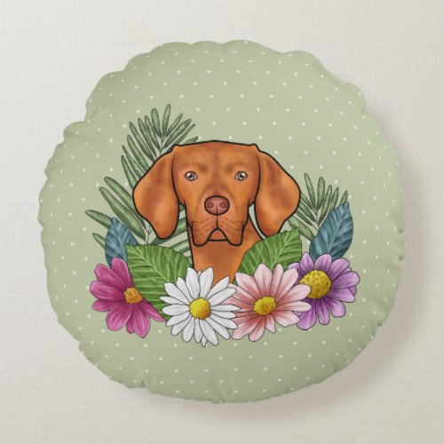 Hungarian Vizsla And Colorful Summer Flowers Green Round Pillow