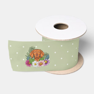 Hungarian Vizsla And Colorful Summer Flowers Green Satin Ribbon