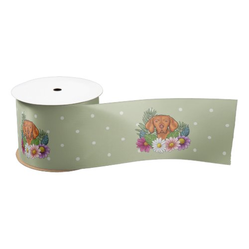 Hungarian Vizsla And Colorful Summer Flowers Green Satin Ribbon