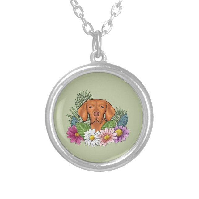 Hungarian Vizsla And Colorful Summer Flowers Green Silver Plated Necklace (Front)