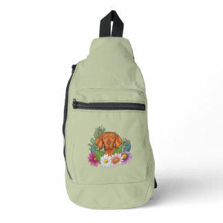 Hungarian Vizsla And Colorful Summer Flowers Green Sling Bag