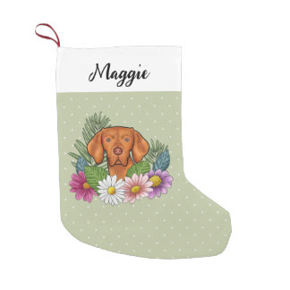 Hungarian Vizsla And Colorful Summer Flowers Green Small Christmas Stocking