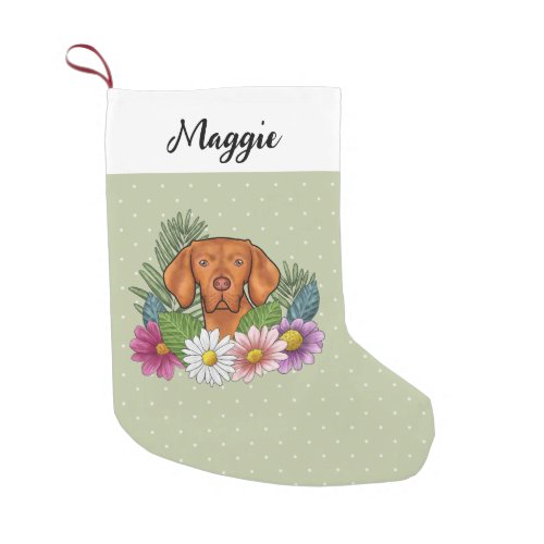 Hungarian Vizsla And Colorful Summer Flowers Green Small Christmas Stocking