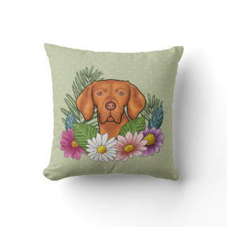 Hungarian Vizsla And Colorful Summer Flowers Green Throw Pillow