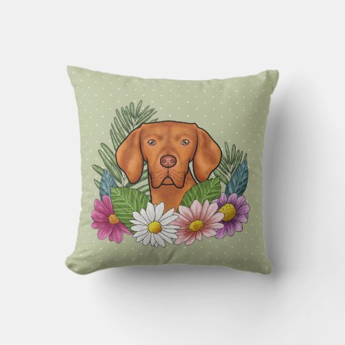 Hungarian Vizsla And Colorful Summer Flowers Green Throw Pillow