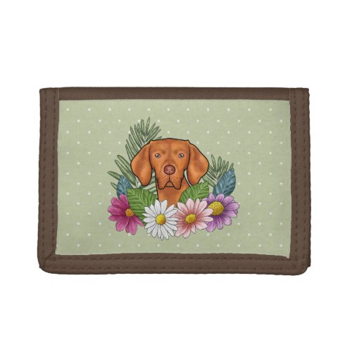 Hungarian Vizsla And Colorful Summer Flowers Green Trifold Wallet