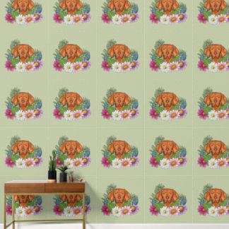 Hungarian Vizsla And Colorful Summer Flowers Green Wallpaper