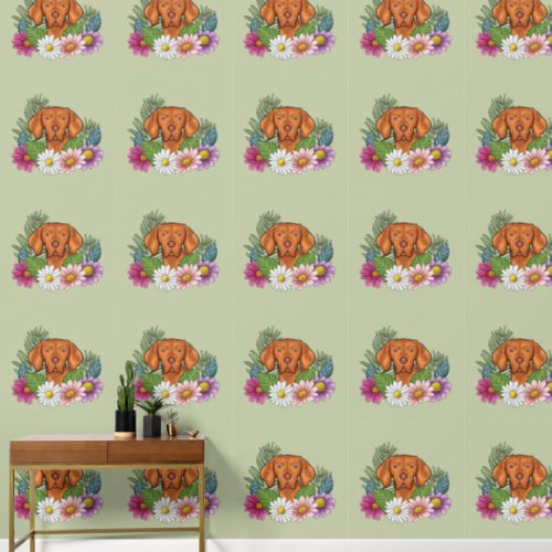 Hungarian Vizsla And Colorful Summer Flowers Green Wallpaper