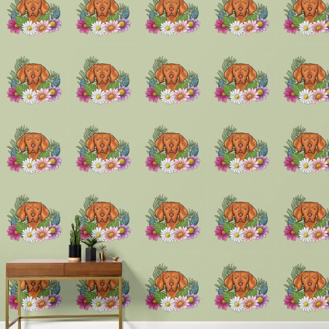 Hungarian Vizsla And Colorful Summer Flowers Green Wallpaper (Hallway)