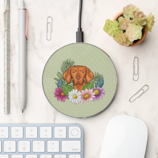 Hungarian Vizsla And Colorful Summer Flowers Green Wireless Charger