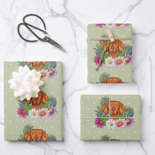 Hungarian Vizsla And Colorful Summer Flowers Green Wrapping Paper Sheets