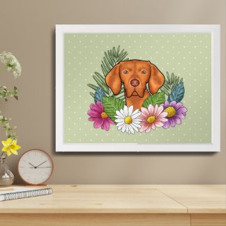 Hungarian Vizsla And Colorful Wildflowers Green Framed Art