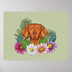 Hungarian Vizsla And Colorful Wildflowers Green Poster