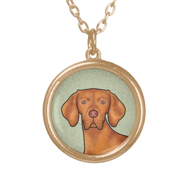 Hungarian Vizsla Cartoon Pointer Dog Head Green Gold Plated Necklace (Front)