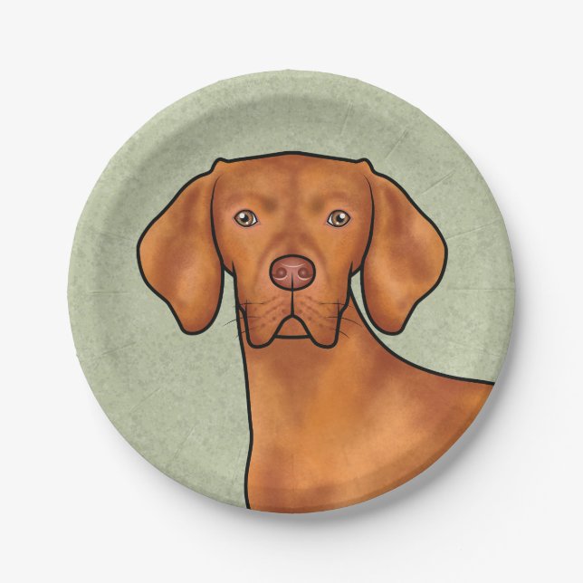 Hungarian Vizsla Cartoon Pointer Dog Head Green Paper Plates (Front)