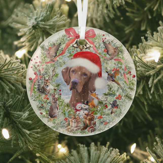 Hungarian Vizsla Christmas wreath Glass Ornament (Insitu)