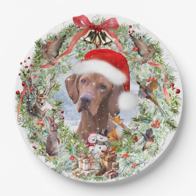 Hungarian Vizsla Christmas wreath Paper Plates (Front)