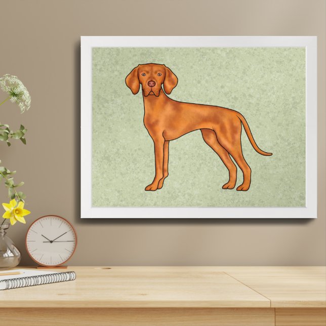 Hungarian Vizsla Cute Pointer Dog Drawing Green Framed Art (Table Top)