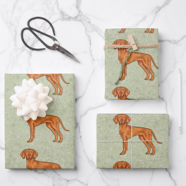 Hungarian Vizsla Cute Pointer Dog Pattern Green Wrapping Paper Sheets (Front)
