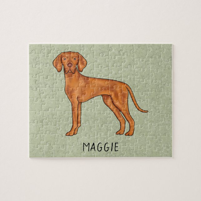 Hungarian Vizsla Cute Pointer Dog With Name Green Jigsaw Puzzle (Horizontal)