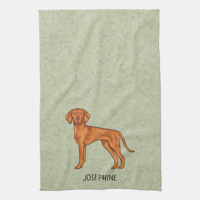Hungarian Vizsla Cute Pointer Dog With Name Green Kitchen Towel (Vertical)