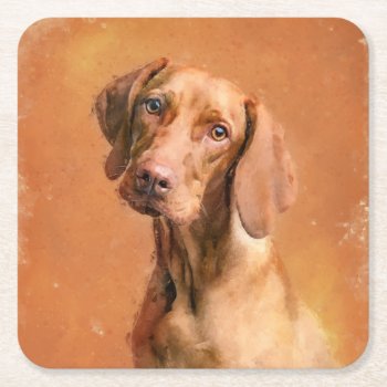 Hungarian Vizsla Dog Art Painting Square Paper Coaster by ironydesignphotos at Zazzle